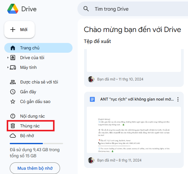 Khôi phục file Drive đã xóa bằng máy tính bước 1